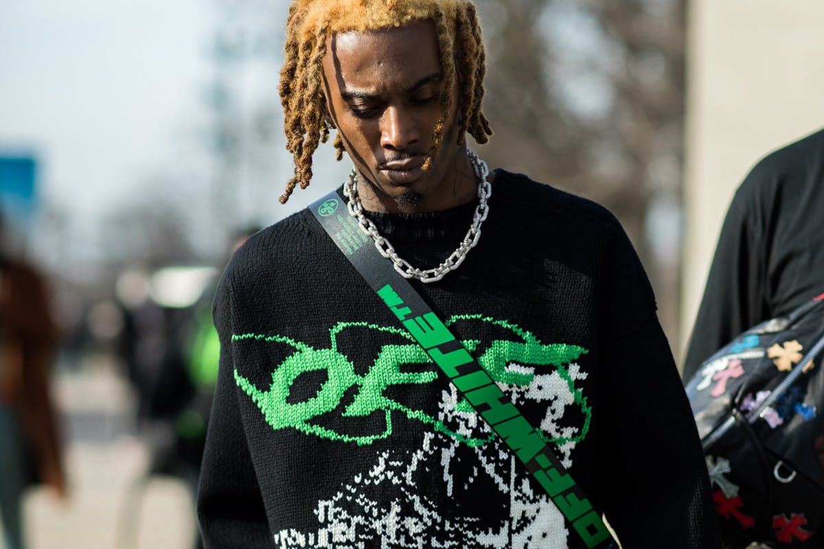 Playboi Carti in Off-White Sweater At Paris Fashion Week