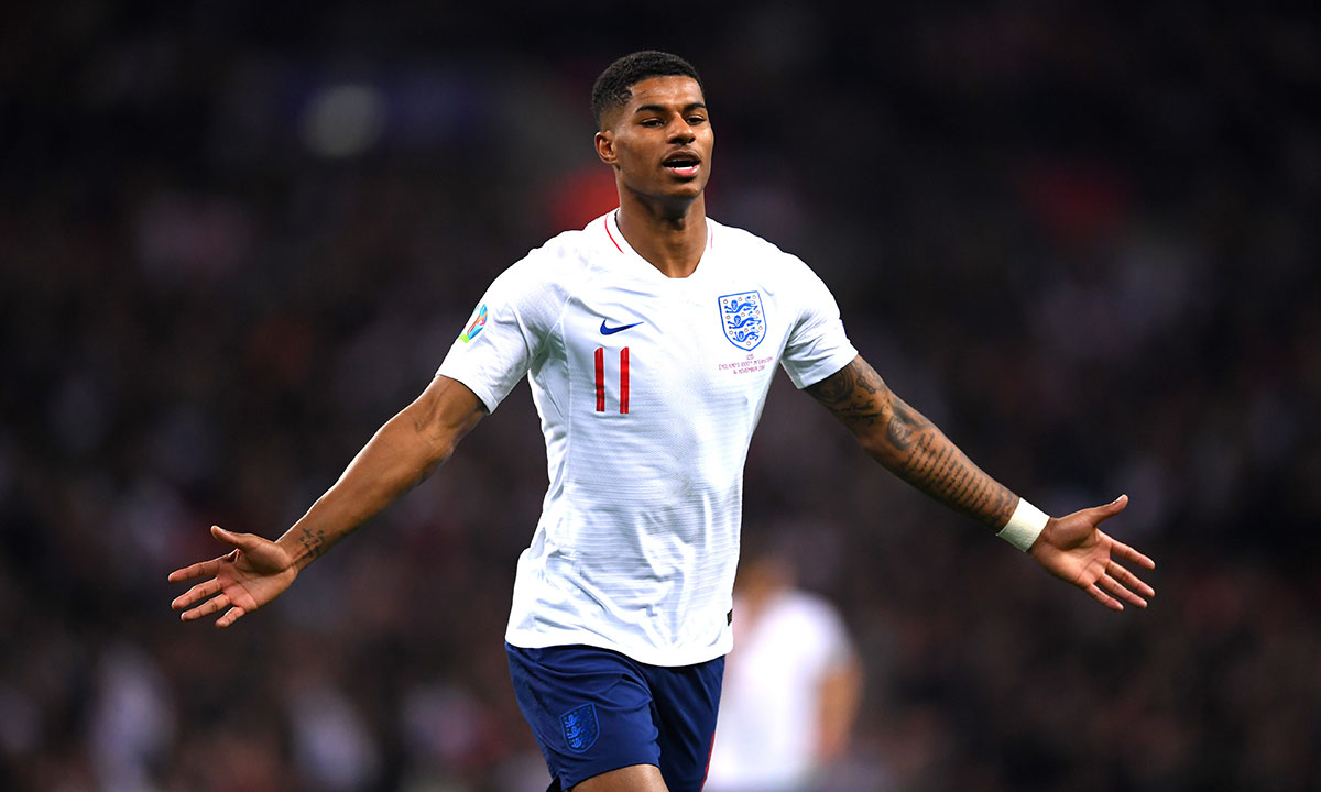Marcus Rashford of England celebrates after scoring his sides fourth goal during the UEFA Euro 2020 qualifier between England and Montenegro at Wembley Stadium