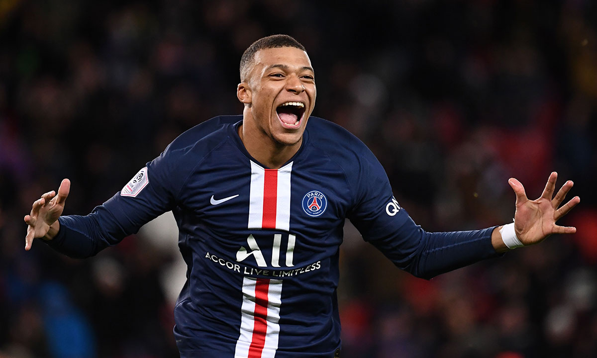 Paris Saint-Germain's French forward Kylian Mbappe celebrates after scoring a goal during the French L1 football match between Paris Saint-Germain (PSG) and Dijon