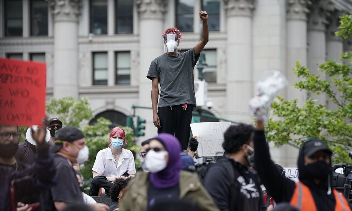 Demonstrators march in lower Manhattan June 2, 2020