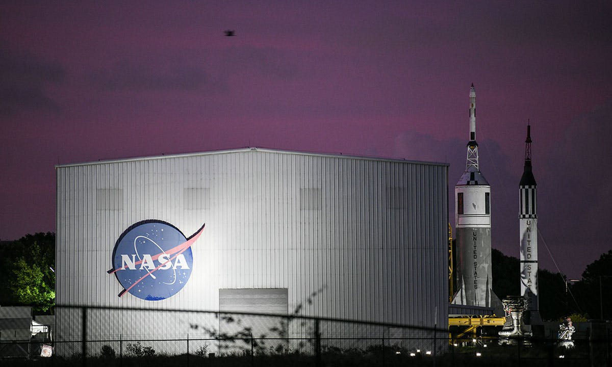 NASA's logo is seen at Rocket Park during an Apollo 11 50th anniversary celebration