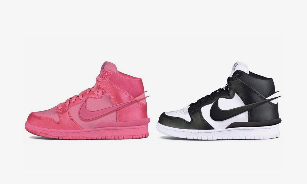 Pink and black and white mock ups of Ambush x Nike Dunk High