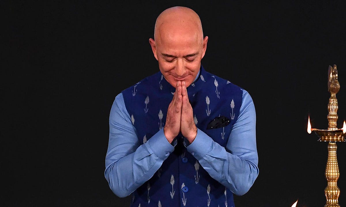 Jeff Bezos greets during Amazon event in India