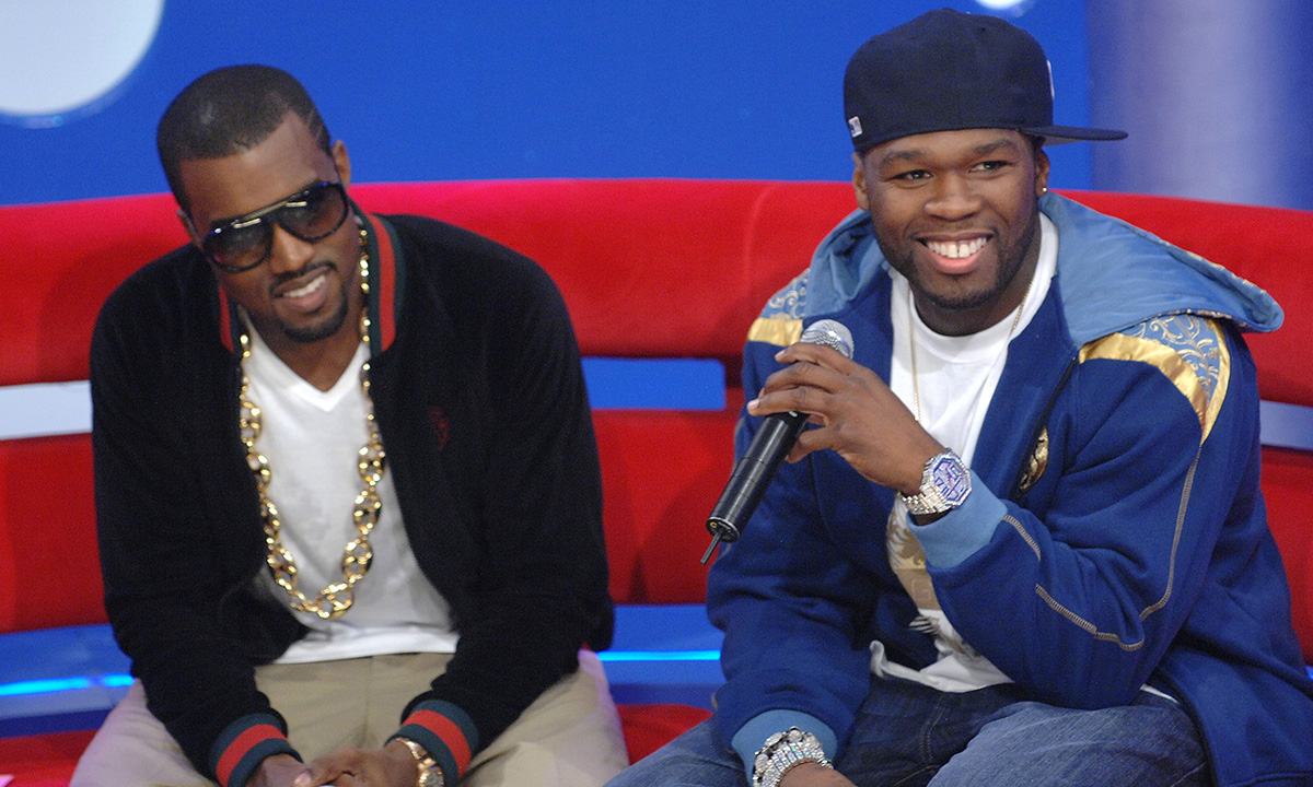 Kanye West (L) and 50 Cent appear on BET's 106 & Park at BET Studios