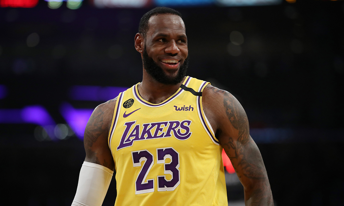 LeBron James #23 of the Los Angeles Lakers stands on the court