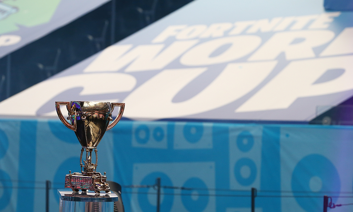 The Fortnite World Cup trophy is seen during the Final round at Arthur Ashe Stadium
