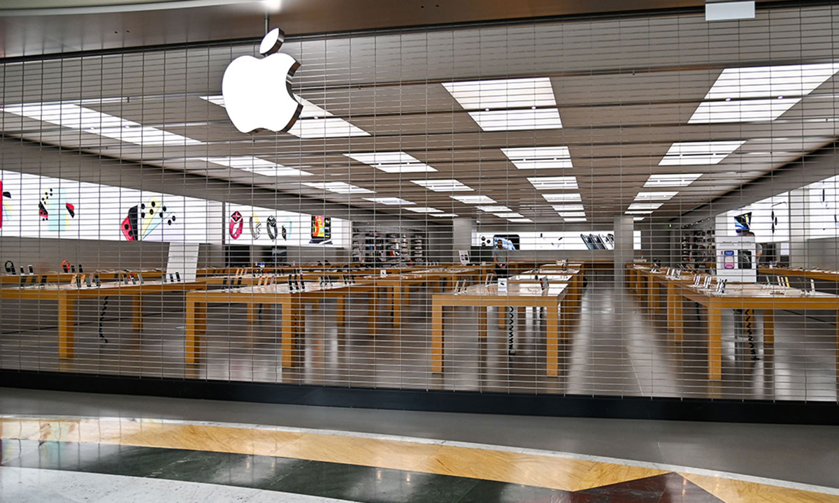 A closed Apple Store is pictured in a deserted EUROMA2 shopping mall