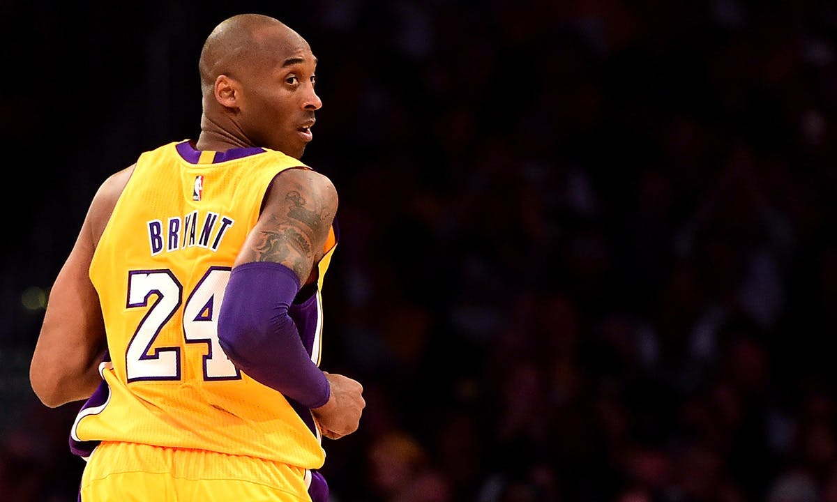 Kobe Bryant #24 of the Los Angeles Lakers looks back in the first half while taking on the Utah Jazz