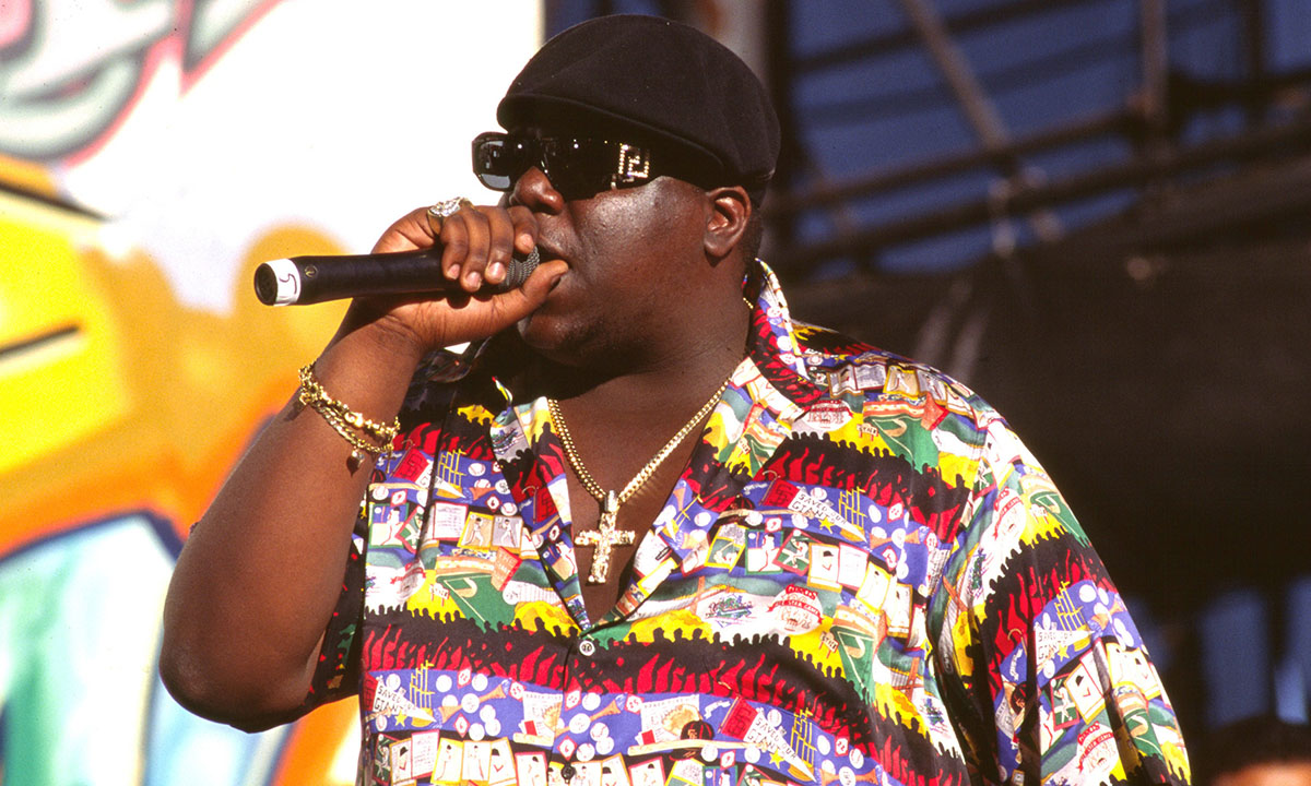 Notorious B.I.G. performing multicolored shirt