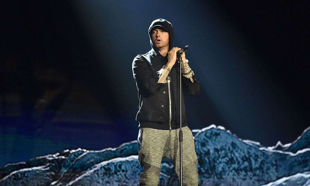 Eminem onstage hoodie beef Nick Cannon