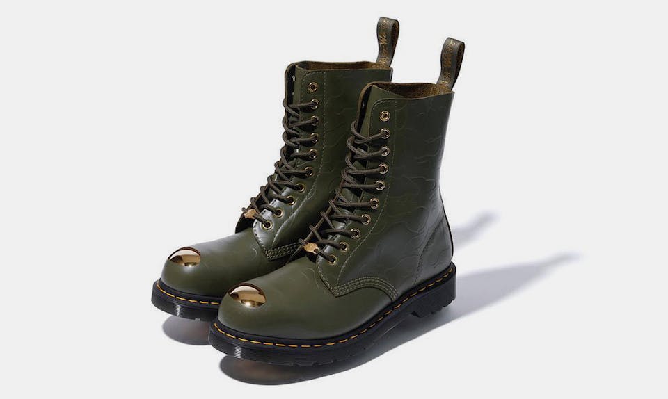 bape dr martens gold steel toe boots release date price info A Bathing Ape