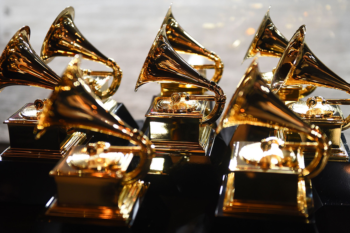 Grammy trophies sit in the press room during the 60th Annual Grammy Award