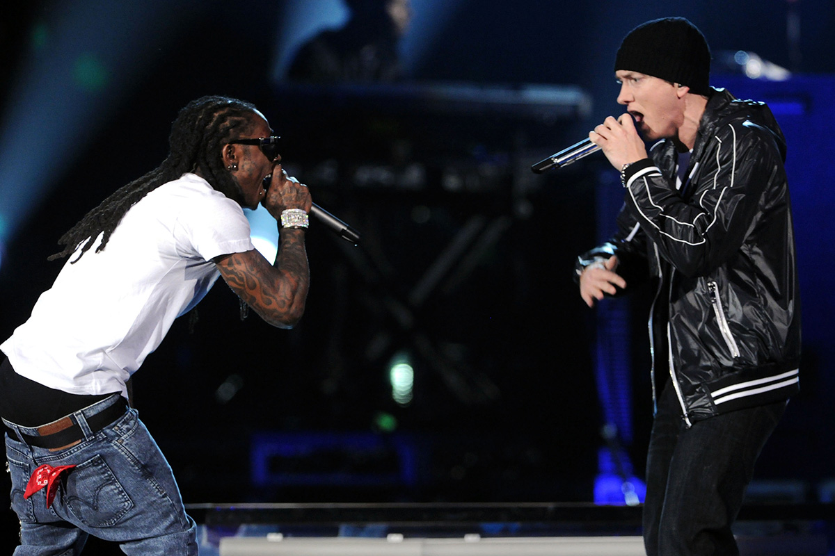 Lil' Wayne and Eminem performs onstage during the 52nd Annual GRAMMY Awards
