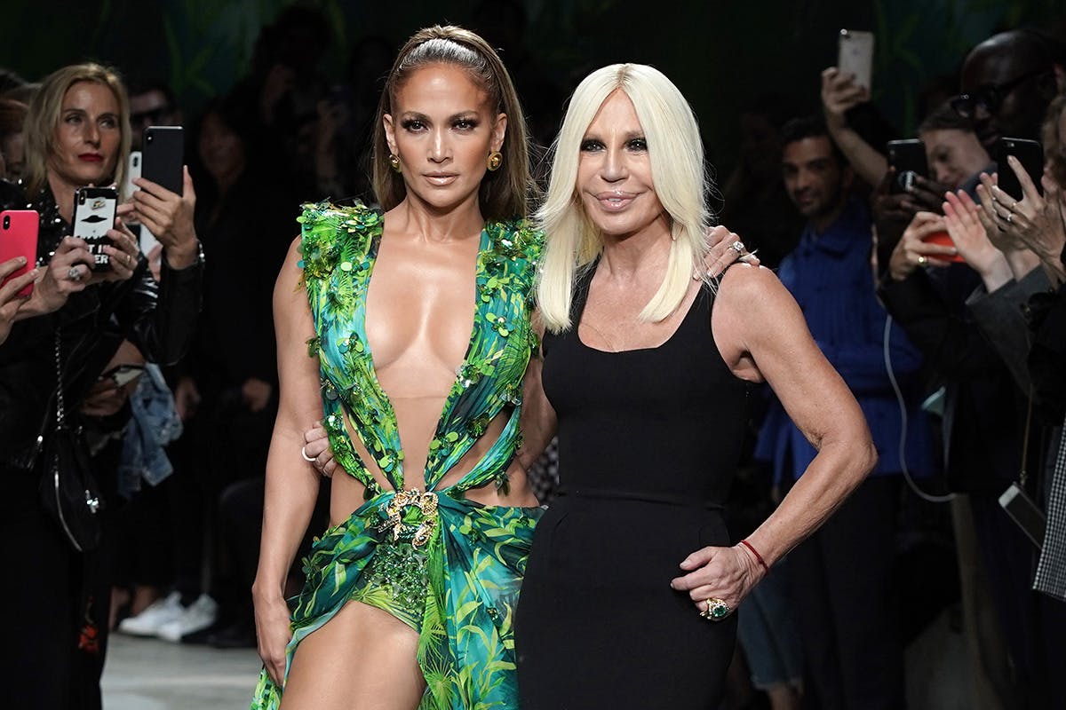 Jennifer Lopez Donatella Versace green Versace dress Milan Fashion Week