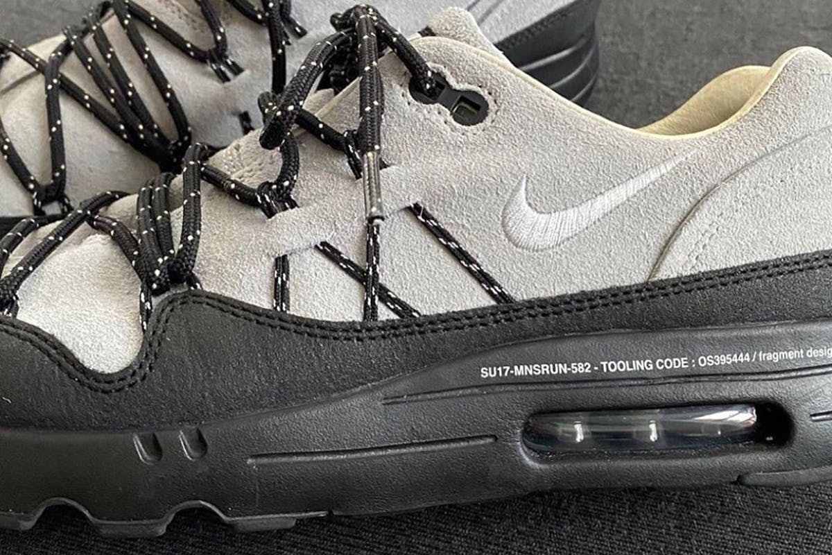 Side profile view of Hiroshi Fujiwara’s Nike Air Max 1 in grey and black