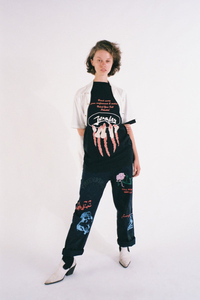 A model wears new pieces from the Jungles Jungles SS20 Collection