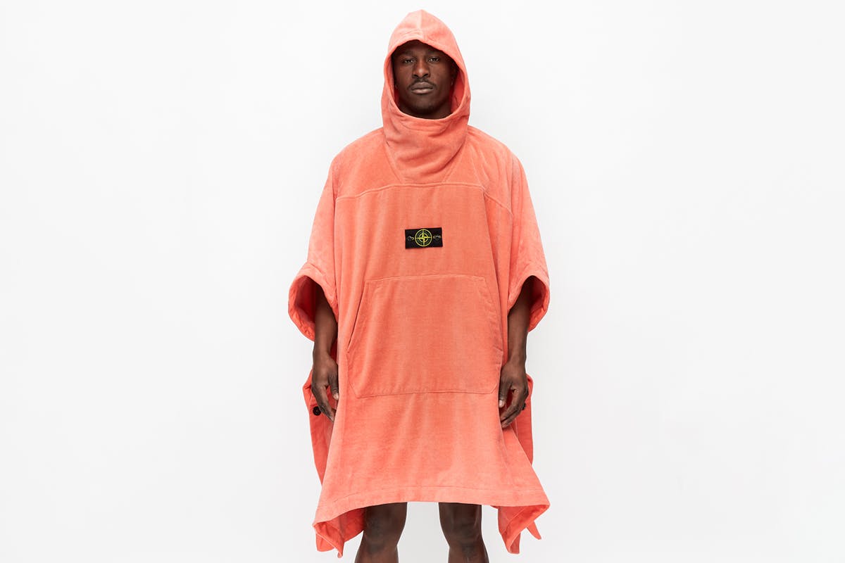 model wears stone island bathrobe