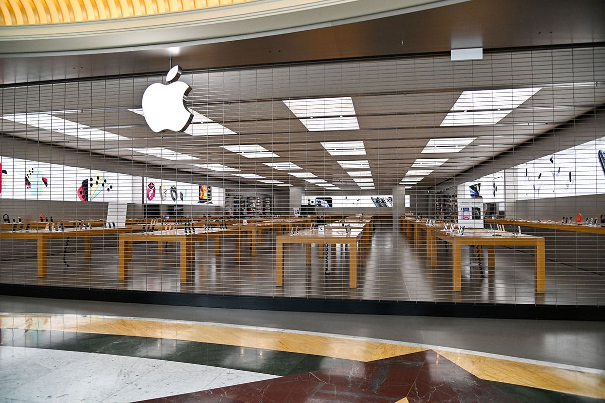 A closed Apple Store is pictured in a deserted EUROMA2 shopping mall