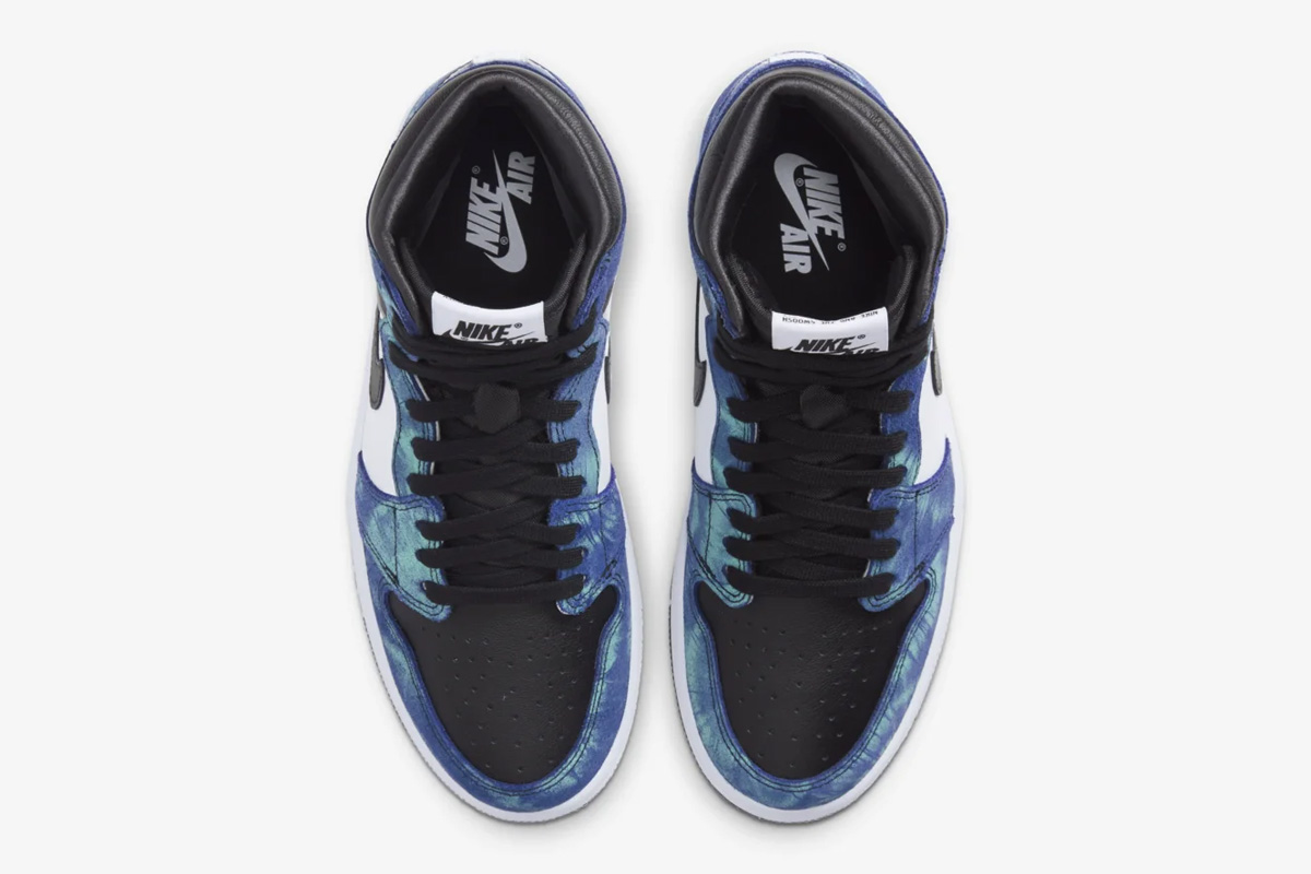 Black and blue tie-dye Nike Air Jordan 1 view from the top