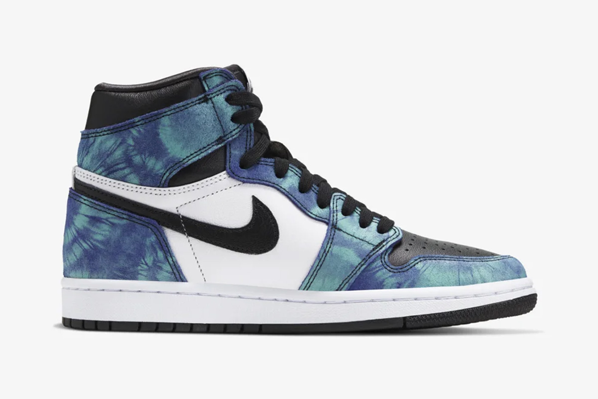 Black and blue tie-dye Nike Air Jordan 1 view from the side
