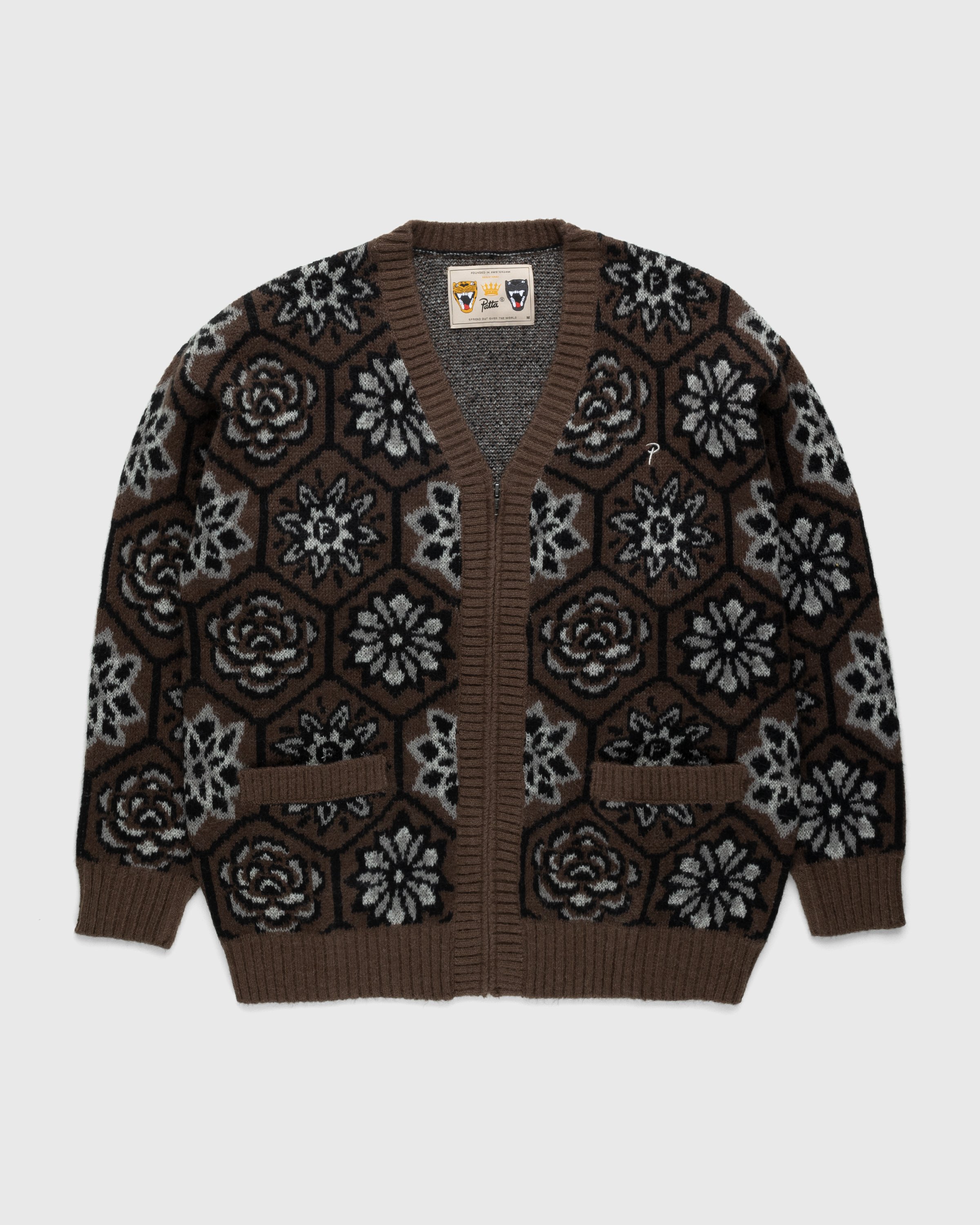Patta - Wall Flower Knitted Zip Cardigan Chestnut/Dark Gull Grey - Clothing - Brown - Image 1