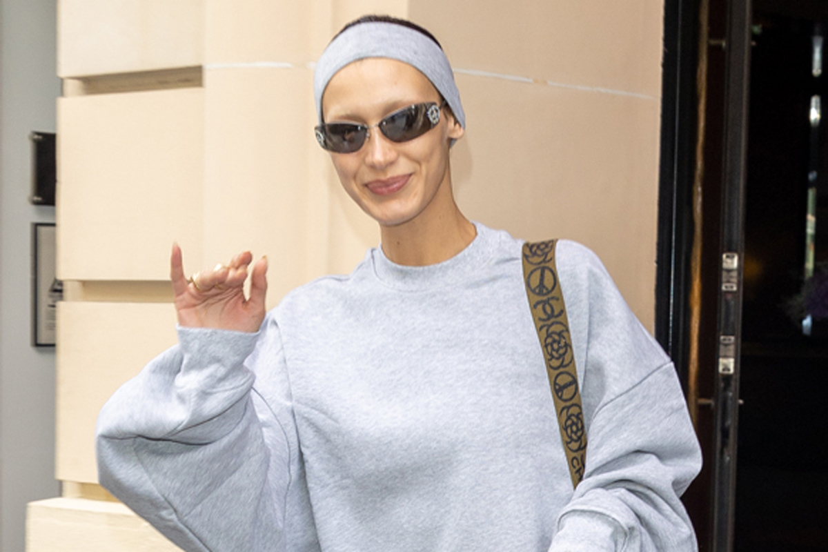 Bella Hadid Wore a Gray Sweatsuit With Ballet Flats and Socks