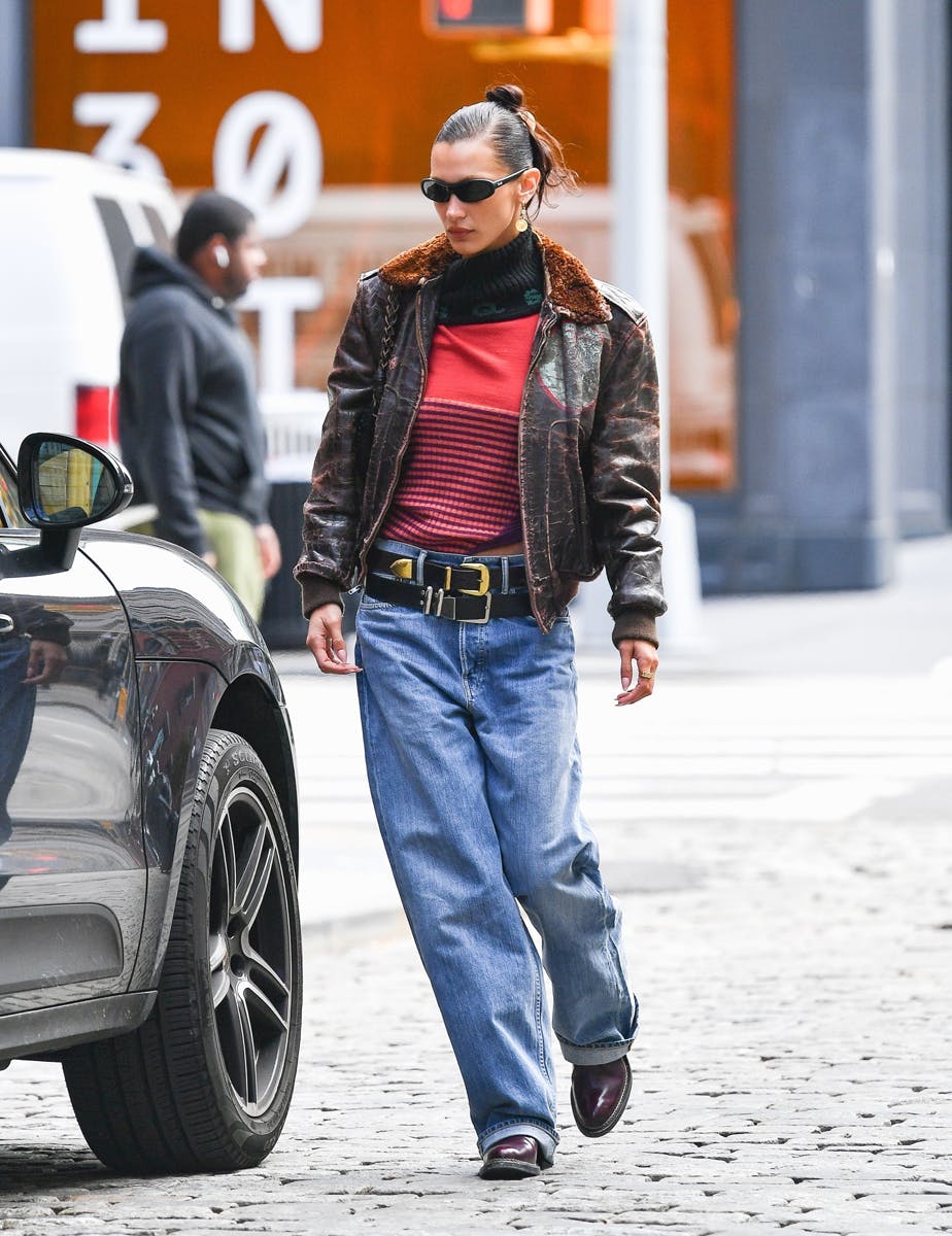 Bella Hadid Wore an Off the Shoulder Sweatshirt in NYC