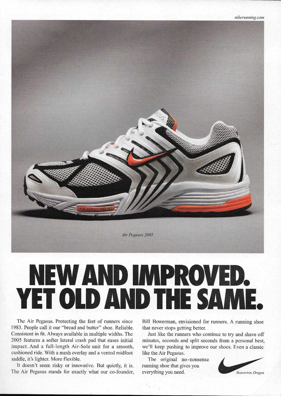 A vintage advertisement for Nike's Air Pegasus 2005 running sneaker