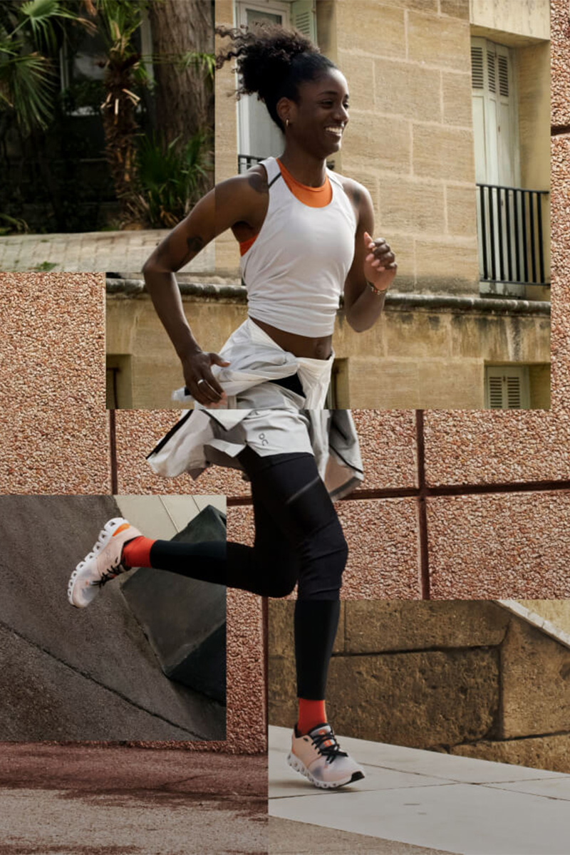 Model wearing ON running shoes and sportswear while running