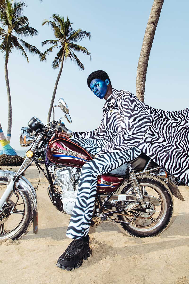 Model wearing Daily Paper zebra print suit