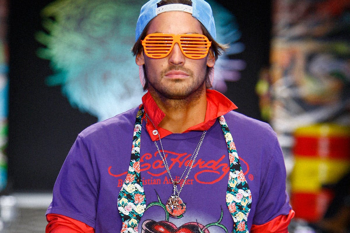 Model wearing Ed Hardy on runway show