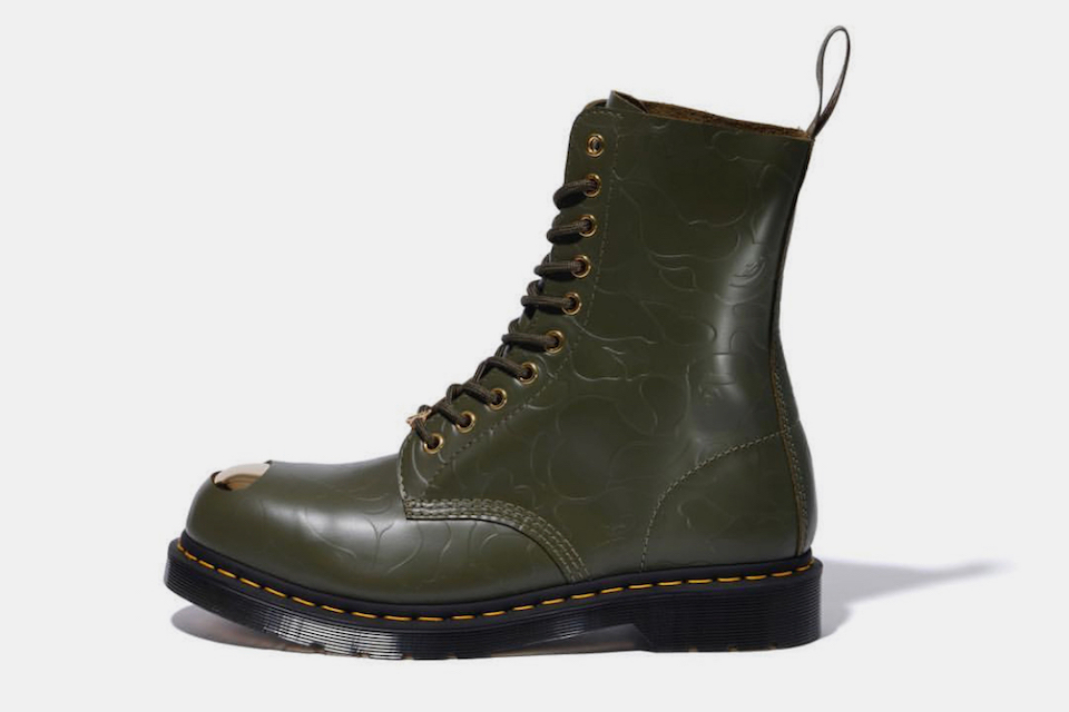 bape dr martens gold steel toe boots release date price info A Bathing Ape