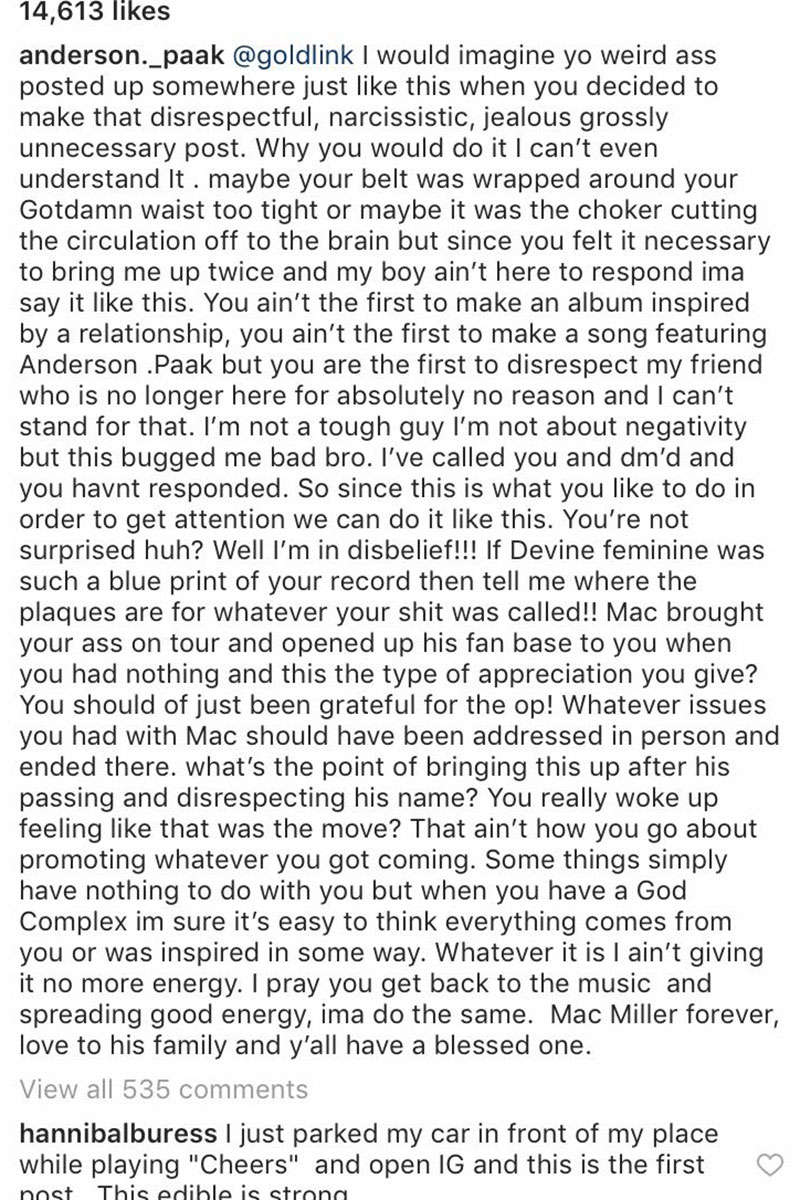 Anderson .Paak statement on instagram