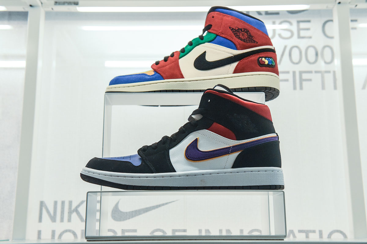 Nike sneakers are seen on display at the Nike flagship store