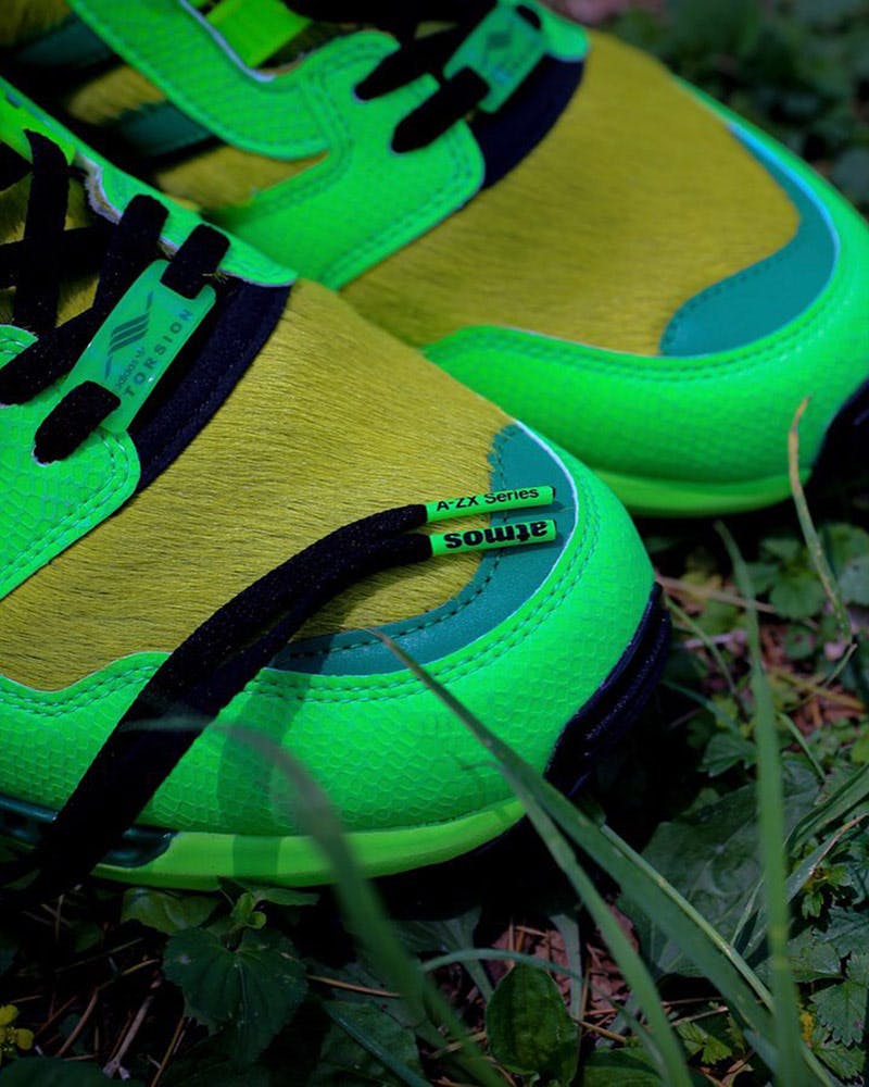 detail view of the atmos x adidas ZX 8000 furry faux fur toe box
