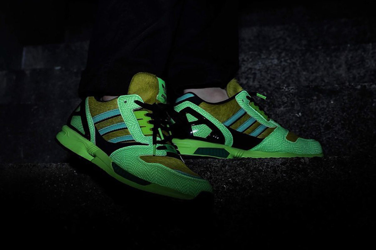atmos x adidas ZX 8000 side profile view glow in the dark