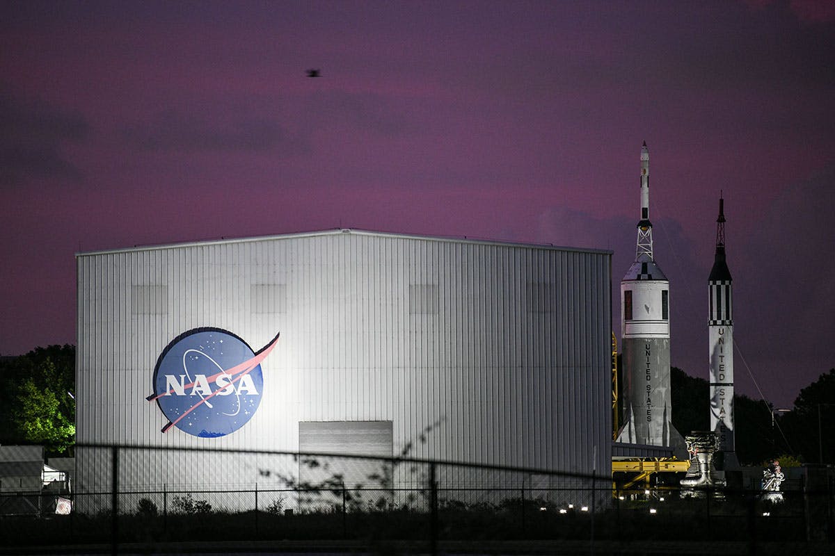 NASA's logo is seen at Rocket Park during an Apollo 11 50th anniversary celebration