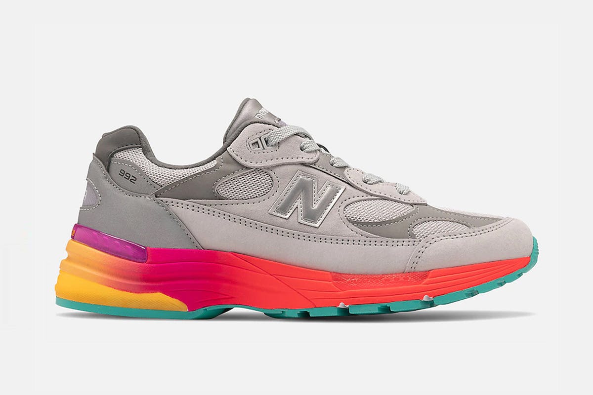 grey and multicolor new balance 992 sneaker in side profile view