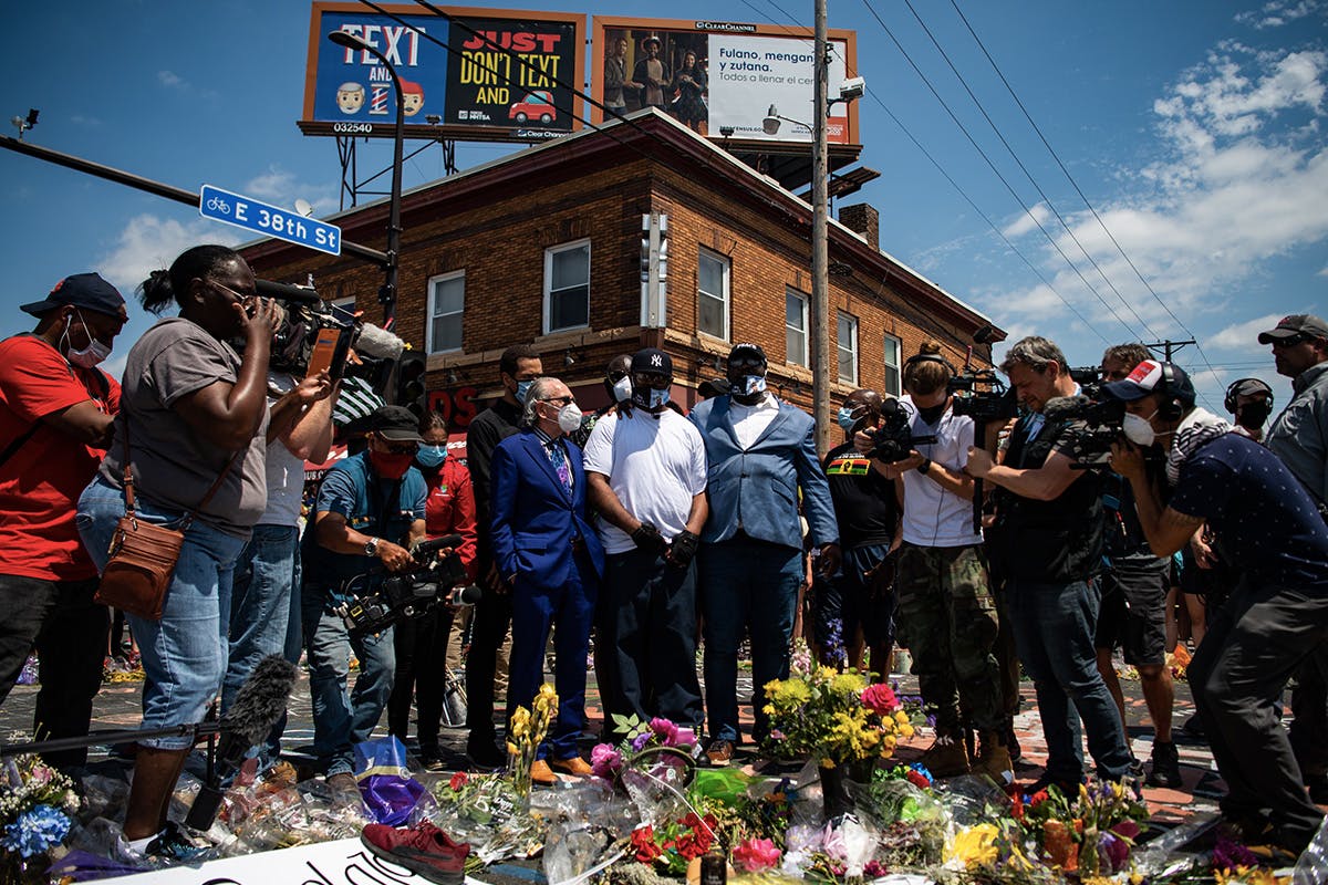 Terrence Floyd standing at memorial for his brother, Geroge Floyd