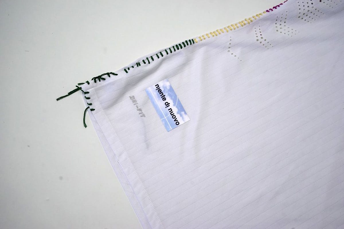 niente di nuovo football jersey upcycled using artisan techniques