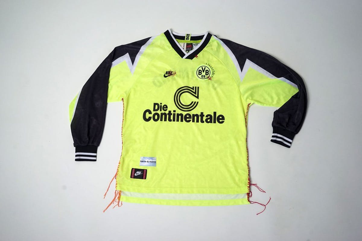 niente di nuovo football jersey upcycled using artisan techniques