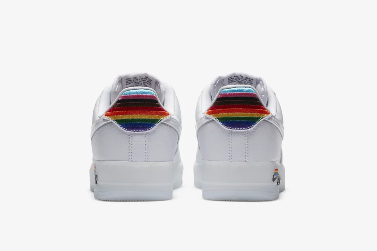 White and rainbow Pride Nike Air Force 1 view of heel