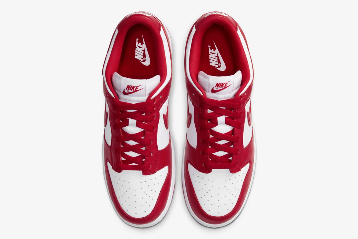 Red and white Nike Dunk Low top down view