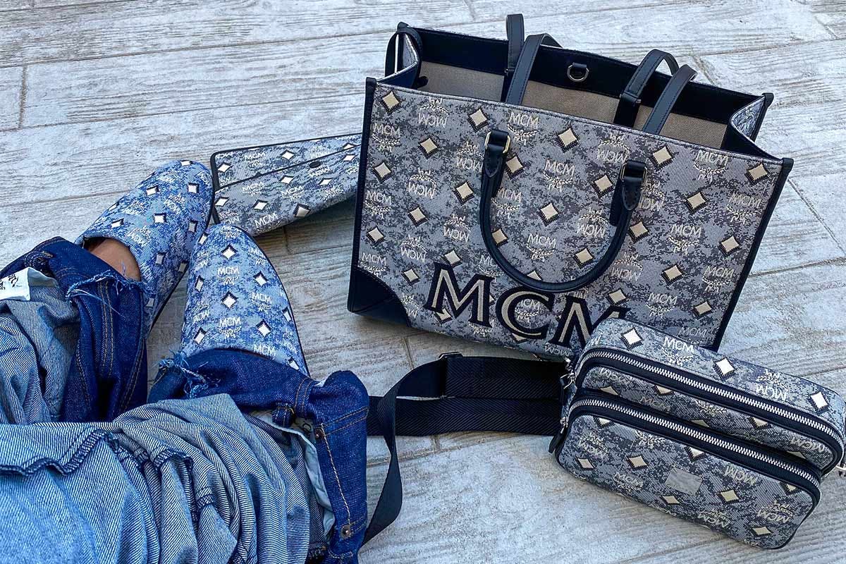 MCM Ladies Blue Shoulder Bag in Vintage Jacquard Monogram