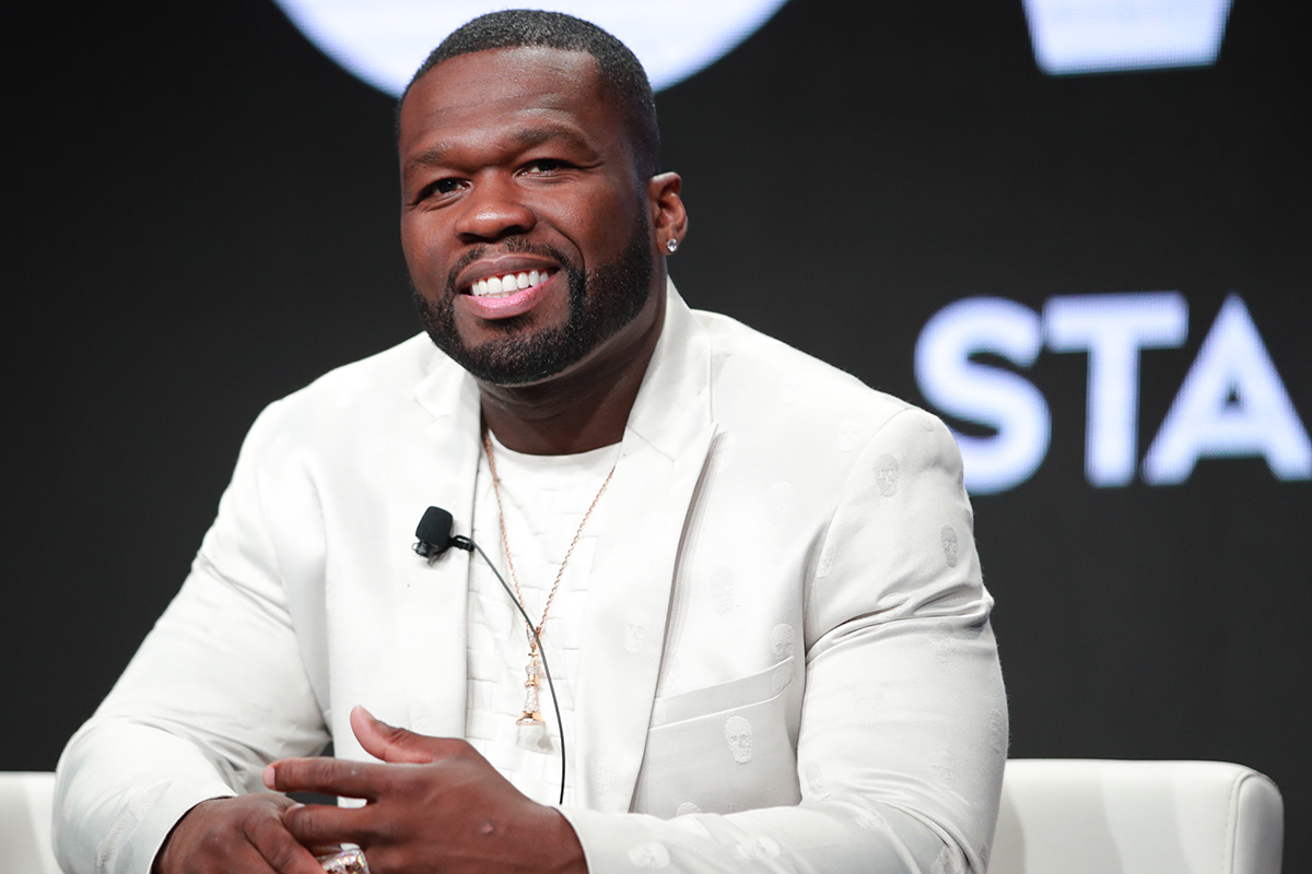 50 Cent speaks onstage at a Star pannel