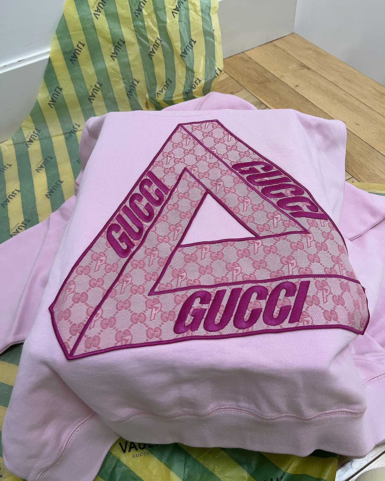 Up Close With Palace Gucci Collab Hoodies, Bags Before the Drop