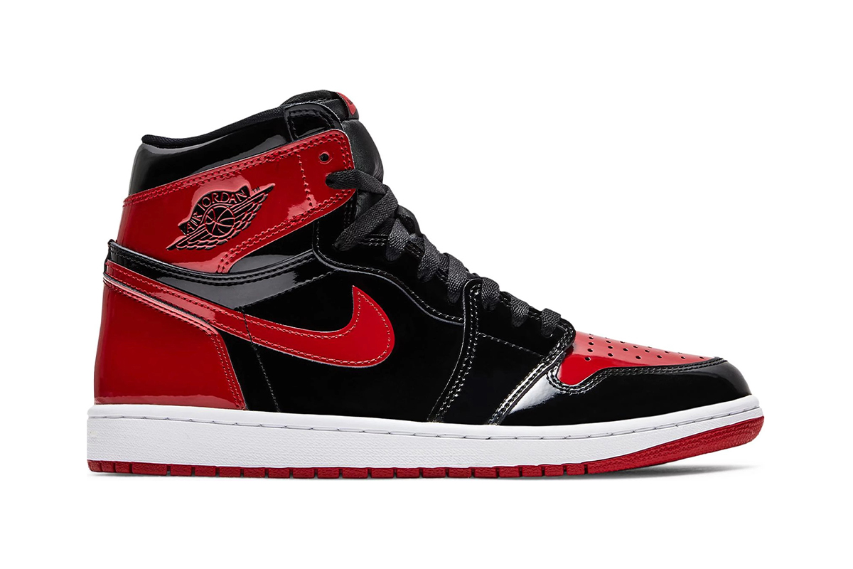 Jordans shiny black and red high top