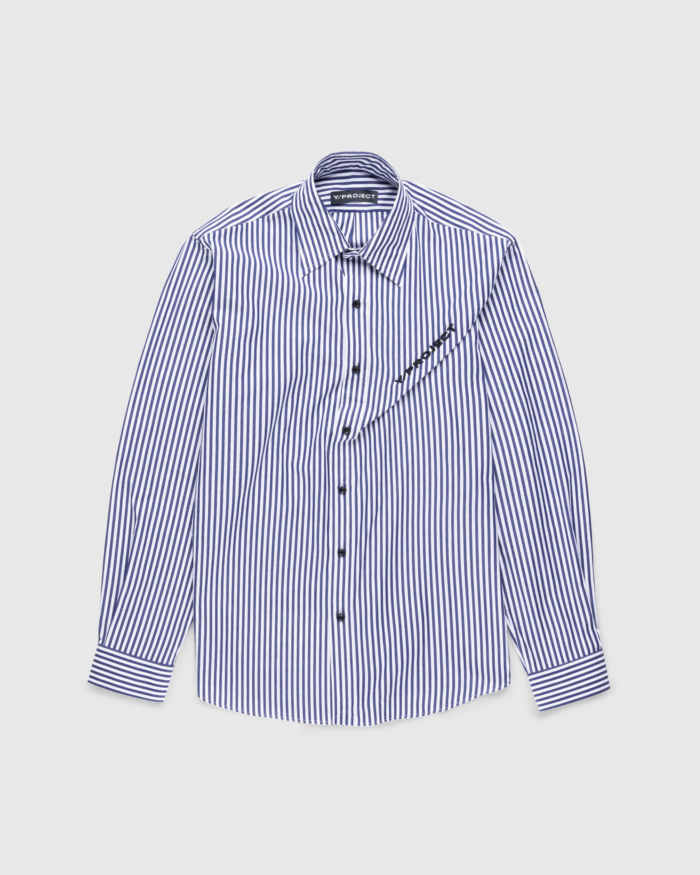 Y/Project - Pinched Logo Stripe Shirt Navy/White - Clothing - Blue - Image 1