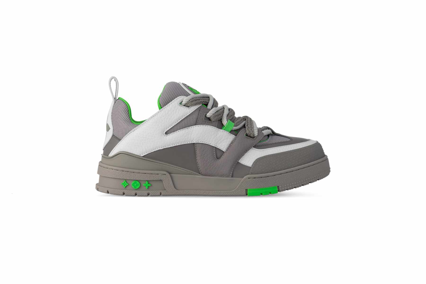 A horizontal product photo of Louis Vuitton & Kidsuper's grey and white Skate Trainers from Fall/Winter 2023