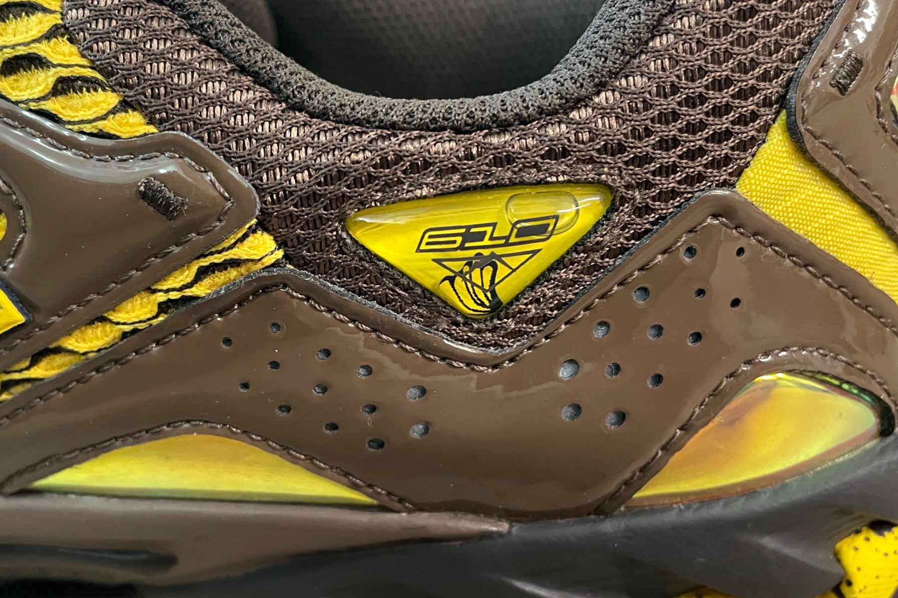 Amine's New Balance shoe collab, "The Mooz," seen in detail photo of "610" branding and banana